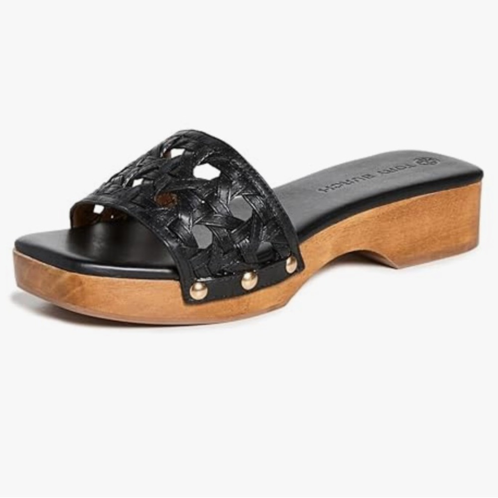 Tory Burch Black Leather Woven Slide Clogs with Wood Platform